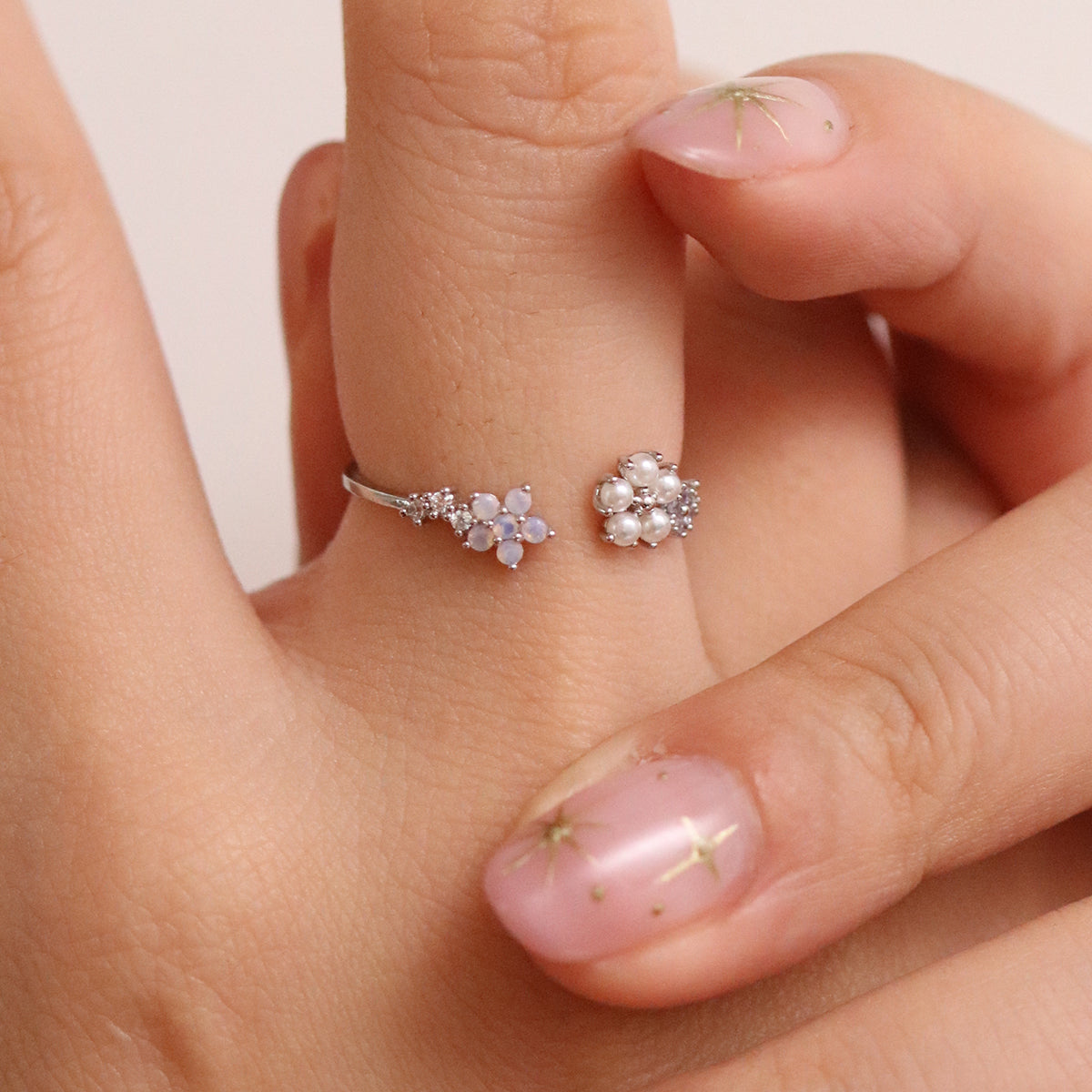 Moonstone & Pearl Flower Adjustable Ring